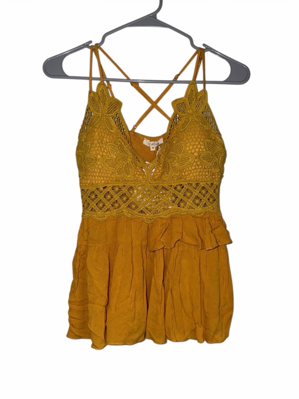 LA MIEL Mustard Crochet Lace Cami with Crisscross Straps